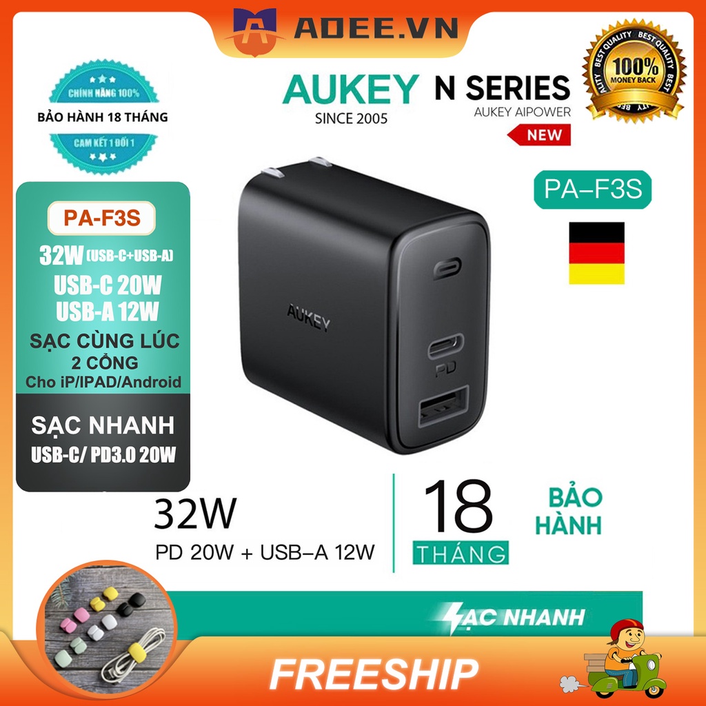 Củ Sạc Nhanh Aukey PA-F3S 32W(PD 20W+12W),PA-F1S 20W,Cáp Sạc Nhanh CB-CL3 0.9m Type-C to Lightning