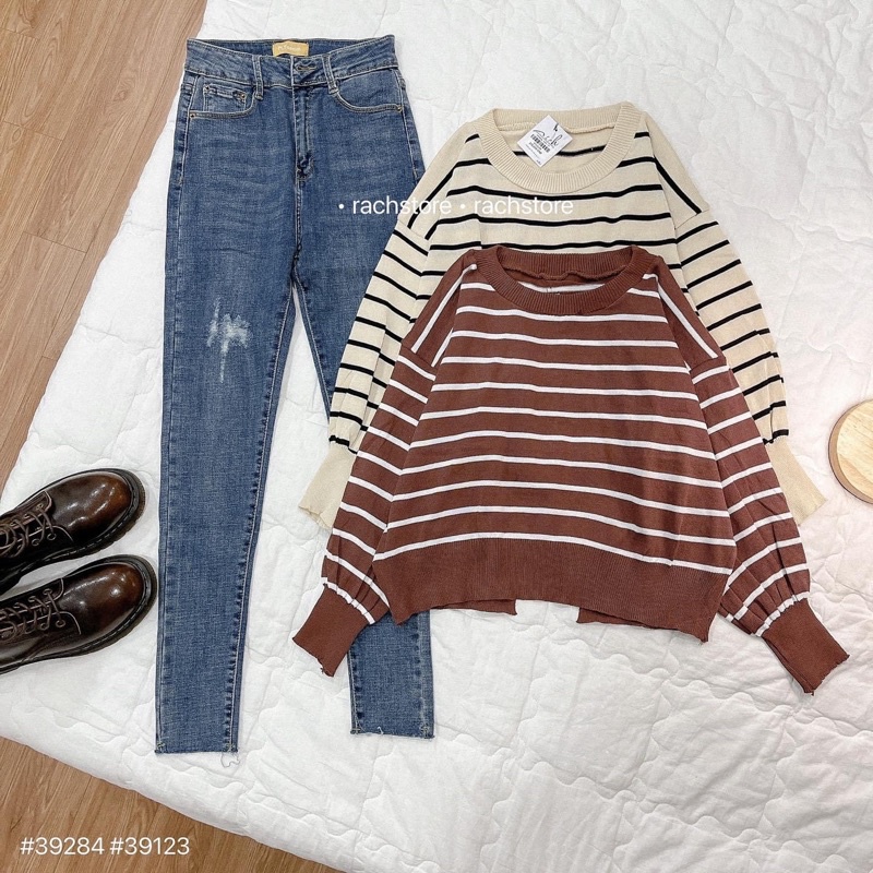 Áo Len Crop Tay Phồng Nút Lưng Kẻ Ngang - Quần Jean Ôm Túi Kiểu Rách 1 Lỗ 5412
