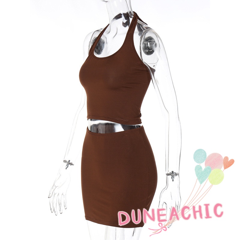DUNEA Bộ Áo Tank Top Hở Lưng + Chân Váy Lưng Cao Màu Trơn Xinh Xắn Cho Nữ