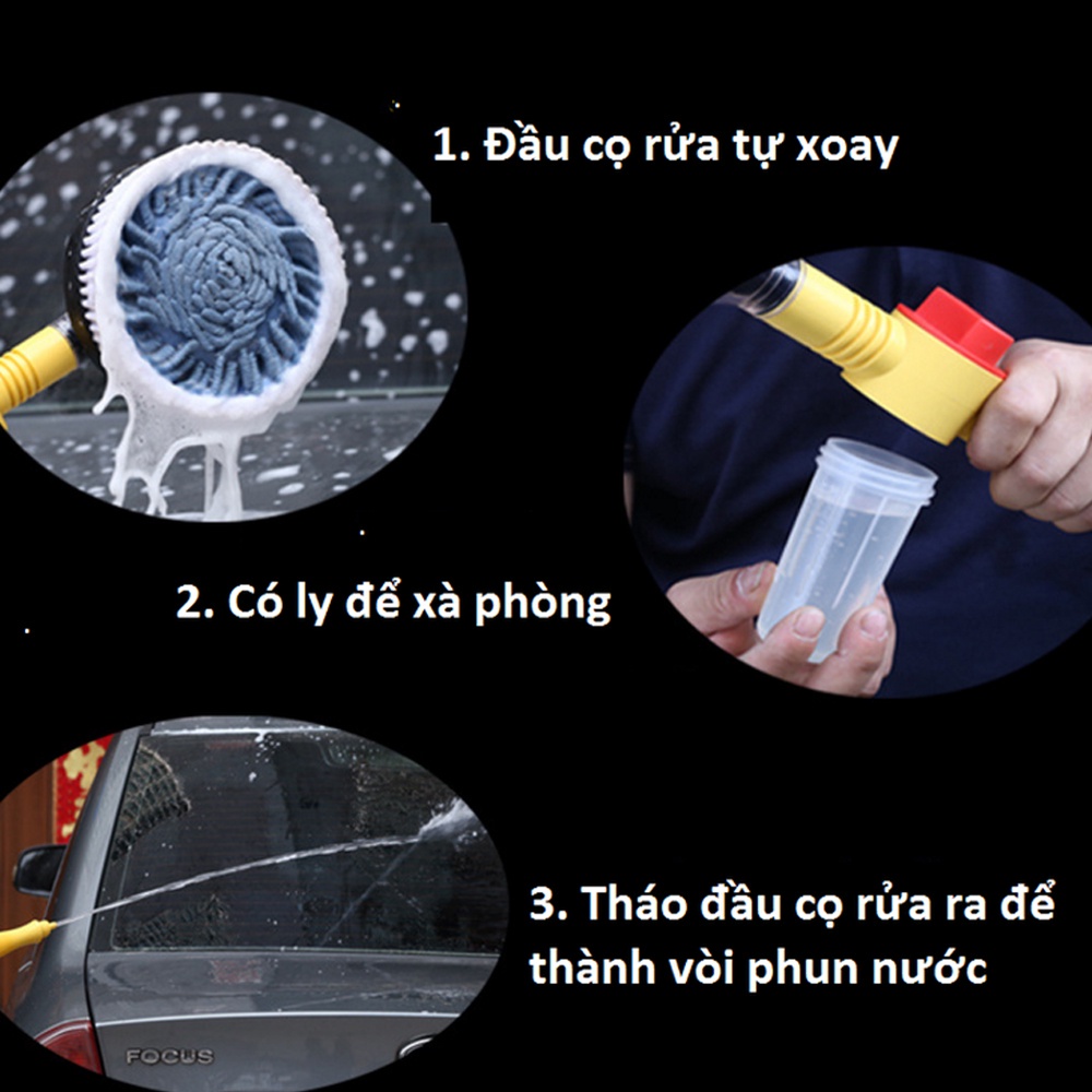 CHỔI XOAY TỰ ĐỘNG 360 RỬA XE Ô TÔ | Cây Rửa Xe Hơi Kết Hợp Bàn Chải Tự Động, Xoay Tròn 360, Tự Tạo Bọt.