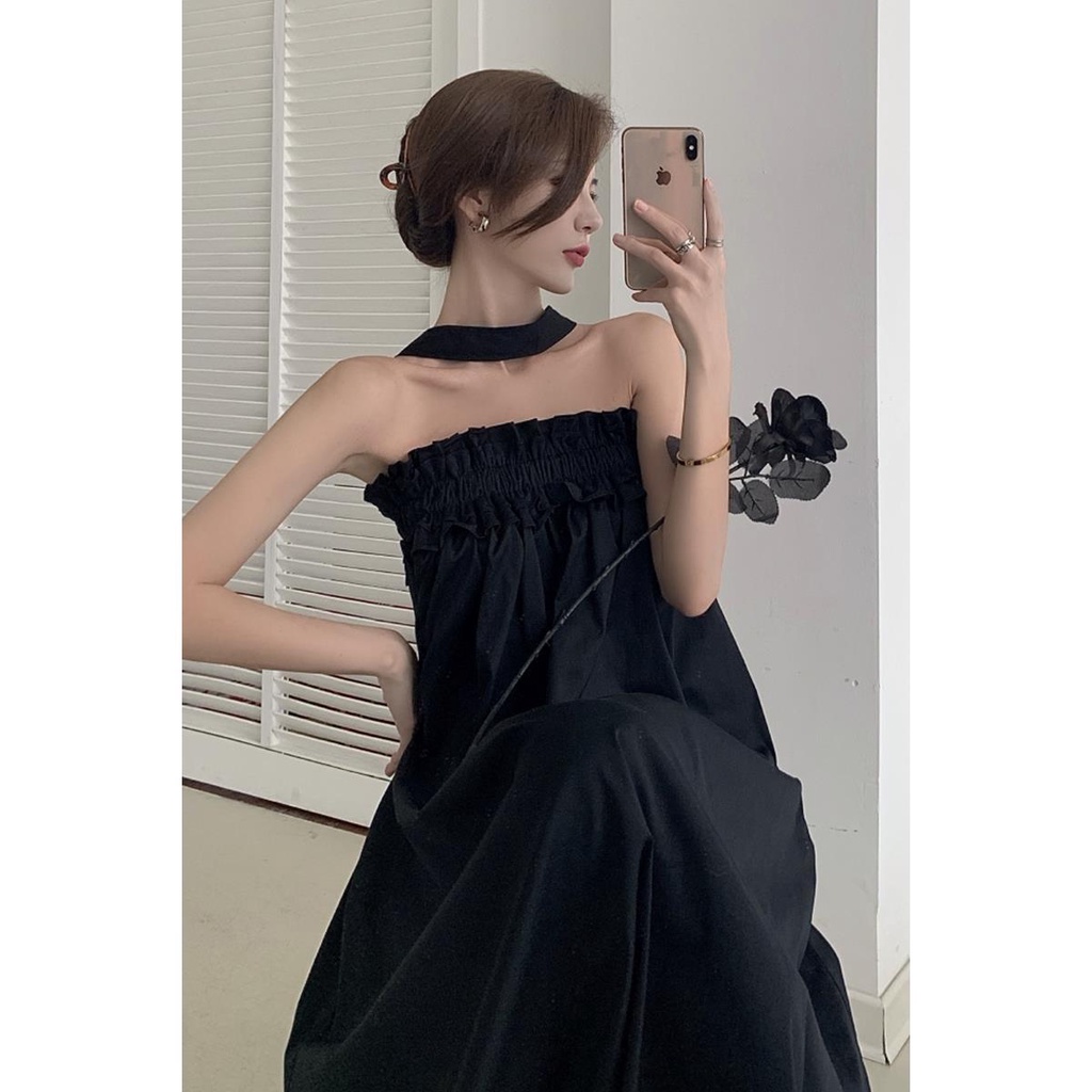 Đầm Cổ Yếm Màu Đen Phong Cách Pháp Thời Trang Mùa Hè Quyến Rũ Cho Nữ