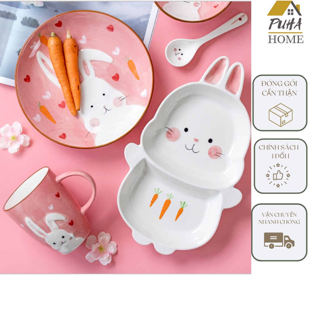 Bộ bát đĩa thỏ hồng, đáng yêu - Đựng đồ ăn cho trẻ với hình thỏ ngộ nghĩnh