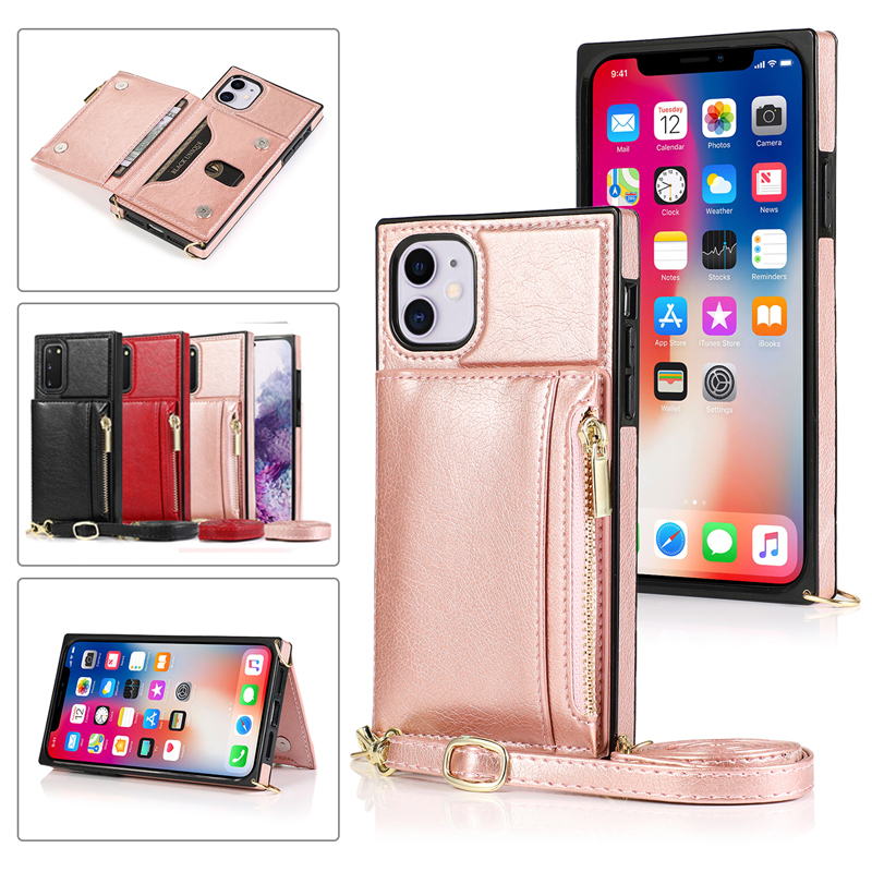 Ốp điện thoại da kiểu ví có dây kéo khóa gài dây đeo thời trang nữ cho IPhone 12 Mini 11 Pro Xs Max XR SE2020 I8 I7 I6