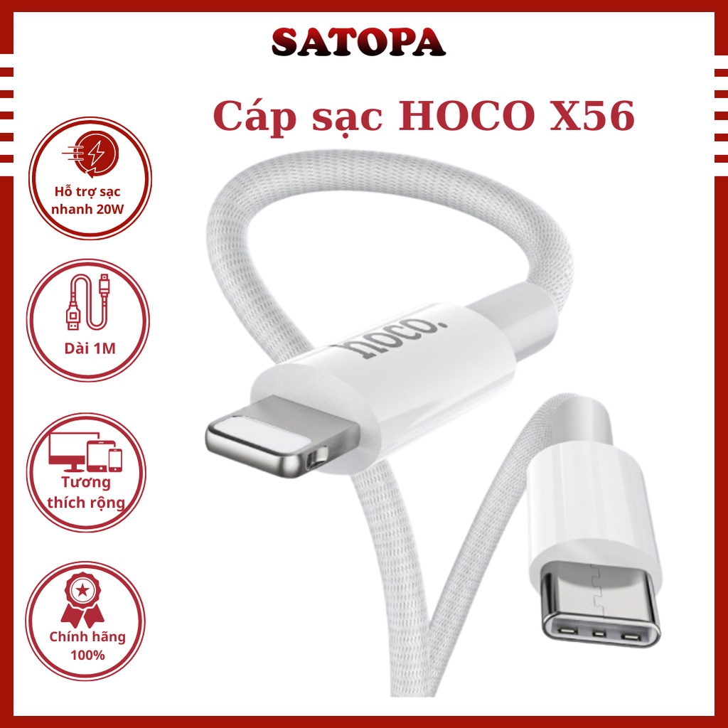 Dây cáp sạc iphone HOCO X56 PD 20w bọc bởi các sợi TPE cao cấp chống gãy nứt đàn hồi tốt sạc nhanh 20W, 3A