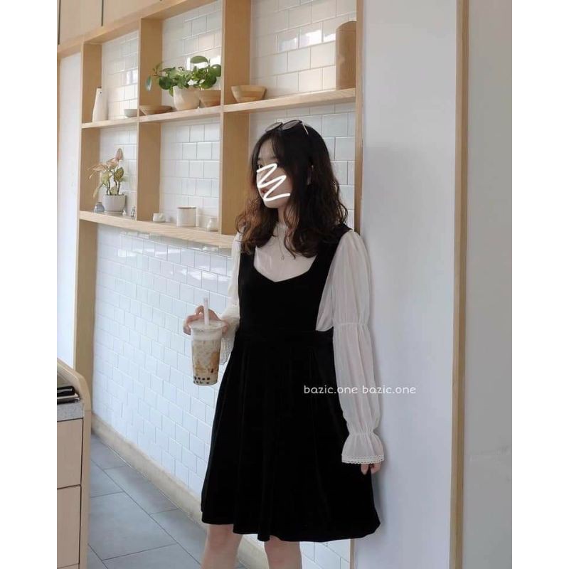 Set yếm bbd+áo trắng tay bo/Set yếm babydoll