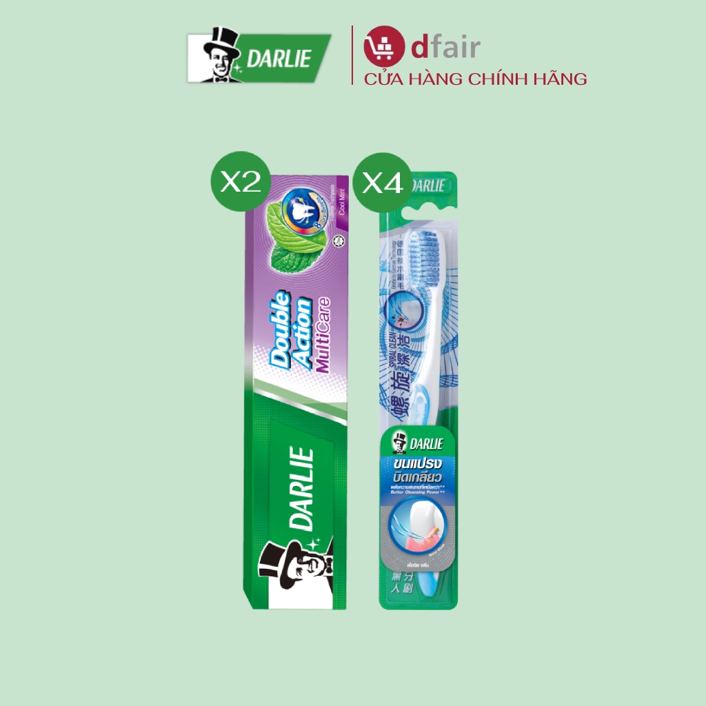 Combo Chăm Sóc Răng Miệng 2 Tuýp Kem Đánh Răng Darlie Double Action Multicare 180g và 4 Bàn Chải SPIRAL CLEAN