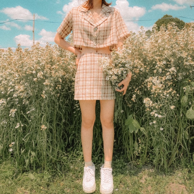 Set áo + chân váy caro