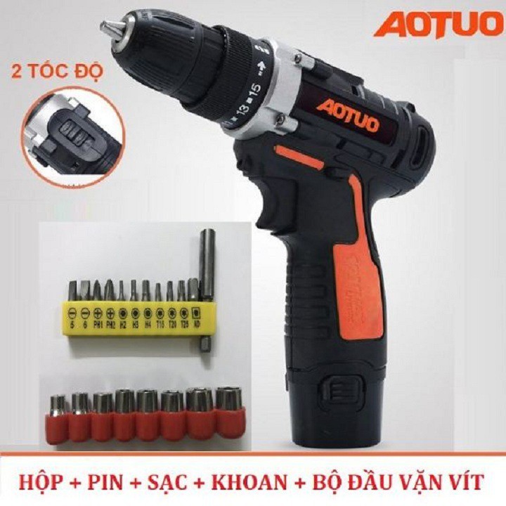 Máy khoan vặn vít không dây hai tốc độ có đảo chiều Aotuo 12V - Tặng kèm bộ 20 mũi vít