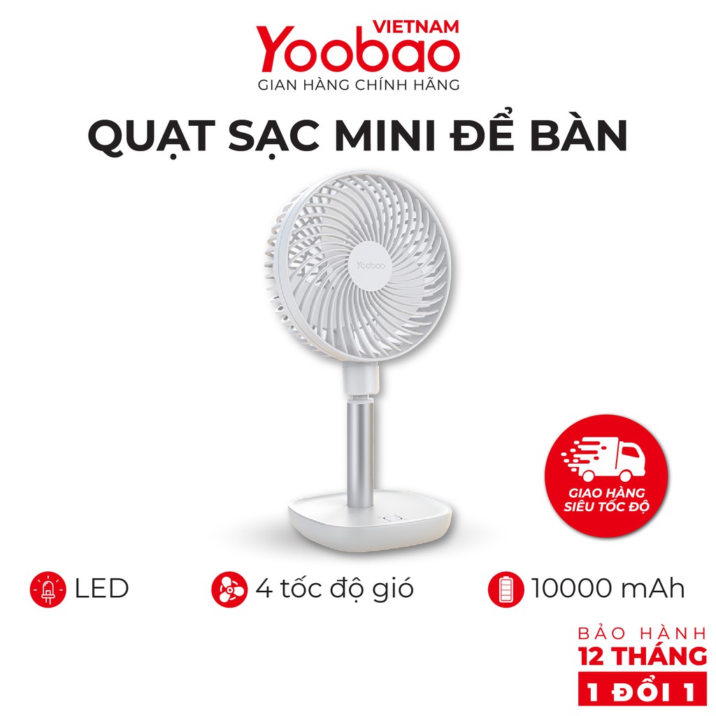 [Mã ELMALL10 giảm 10% đơn 500K] Quạt sạc mini đặt bàn 10000mAh, thời gian sử dụng lên đến 60 giờ YOOBAO F1