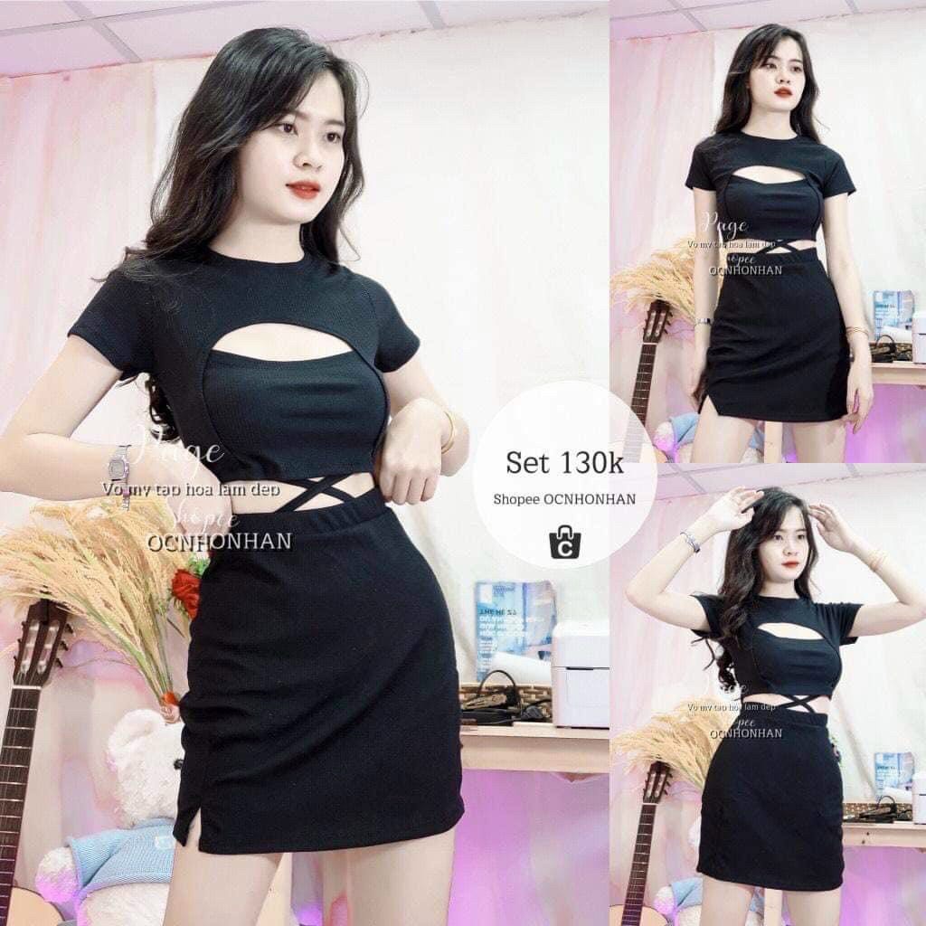 Sét bộ áo croptop hở lửng quấn dây eo phối chân váy ngắn body cực xinh , chất thun bozip mềm mịn