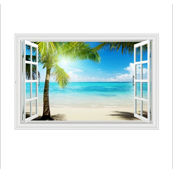 Decal trang trí cửa sổ 3D cảnh biển size 60x90cm