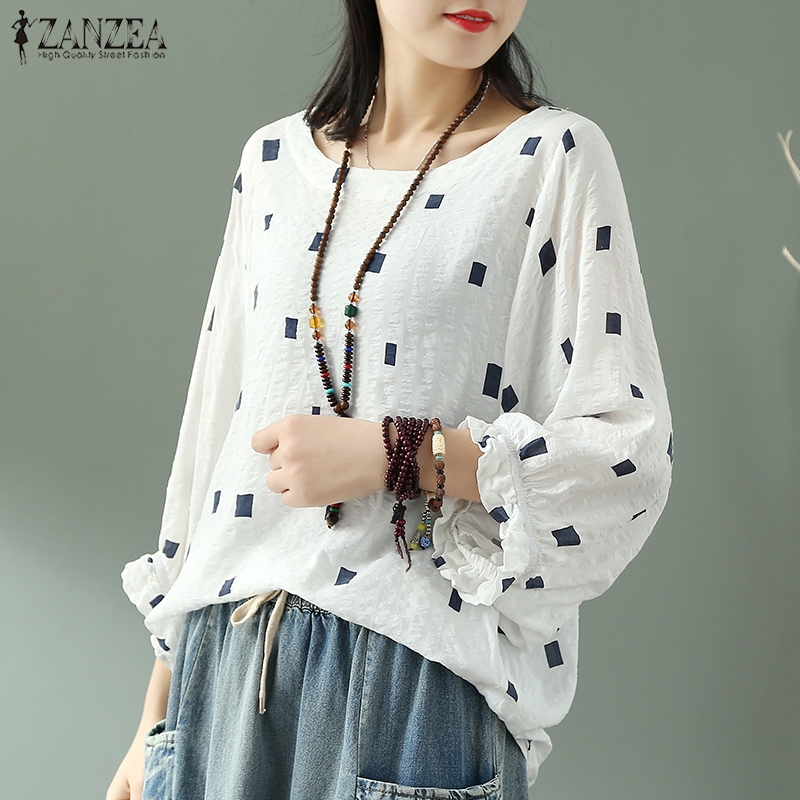 Áo Kiểu ZANZEA Cho Nữ Thiết Kế Dài Tay Cổ Tròn Dáng Dài Rộng Thời Trang Hàn Quốc