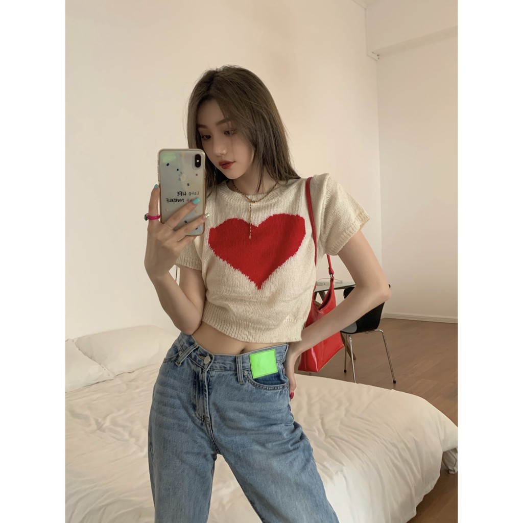 Áo dệt kim ngắn tay họa tiết trái tim đáng yêu dành cho nữ