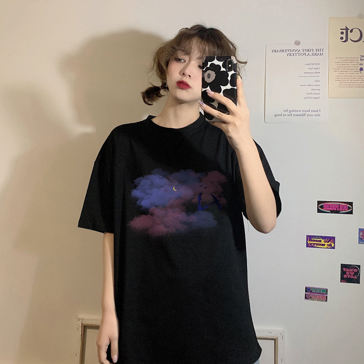 THEODORA White/Black sky print round neck ulzzang short sleeve t shirt Korean style summer loose boyfriend miss sleeve tshirt Fashion mid-long women tops