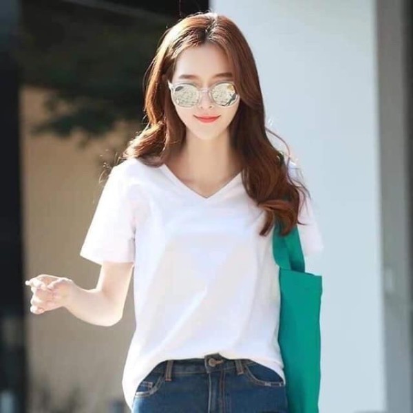 Áo Thun Trơn, Áo Phông Nữ Tay Ngắn Cổ Tim Trơn T Shirt Không Cổ Cotton Đũi Giấy Màu Đen/Trắng/Vàng/Xanh/Đỏ/Nâu Tây