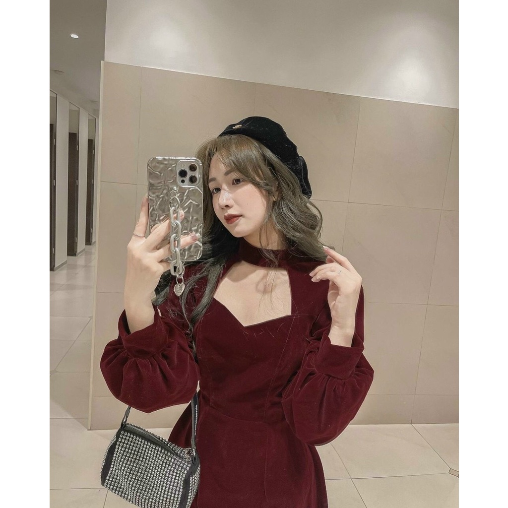 Váy Nhung Nữ Đỏ Đầm Chocker Cổ Tay Bồng Hở Ngực Tôn Dáng Sang Chảnh. | BigBuy360 - bigbuy360.vn