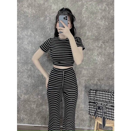 Set thun quần ống loe sọc ngang - áo thun croptop tay ngắn kẻ sọc - set quần ống loe dài kèm ảnh thật