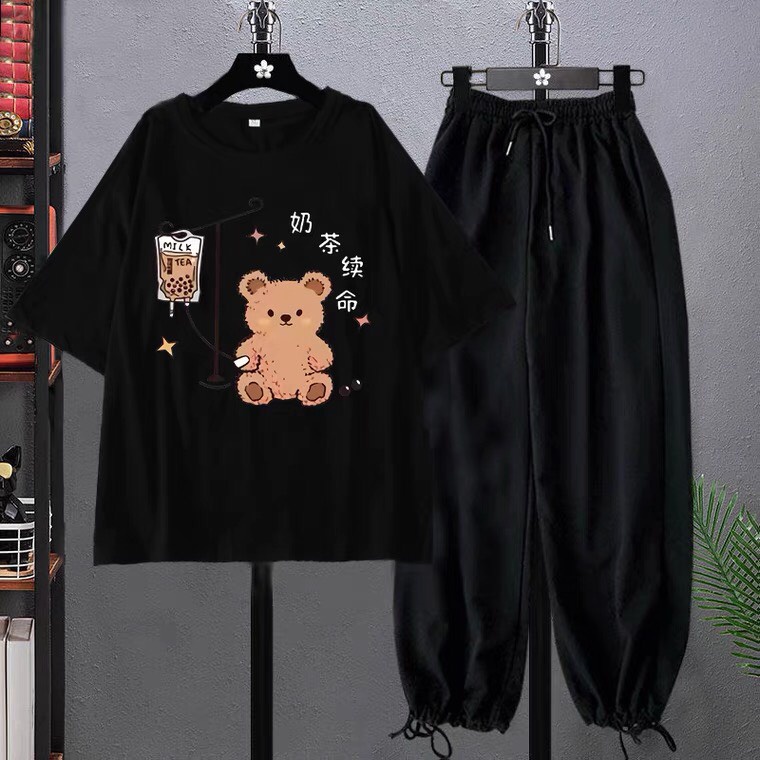 Sét Áo Gấu truyền nước + quần bom đen, Sét bộ Unisex chất đẹp, không xù mặc ở nhà và mặc đi chơi - LEEDA