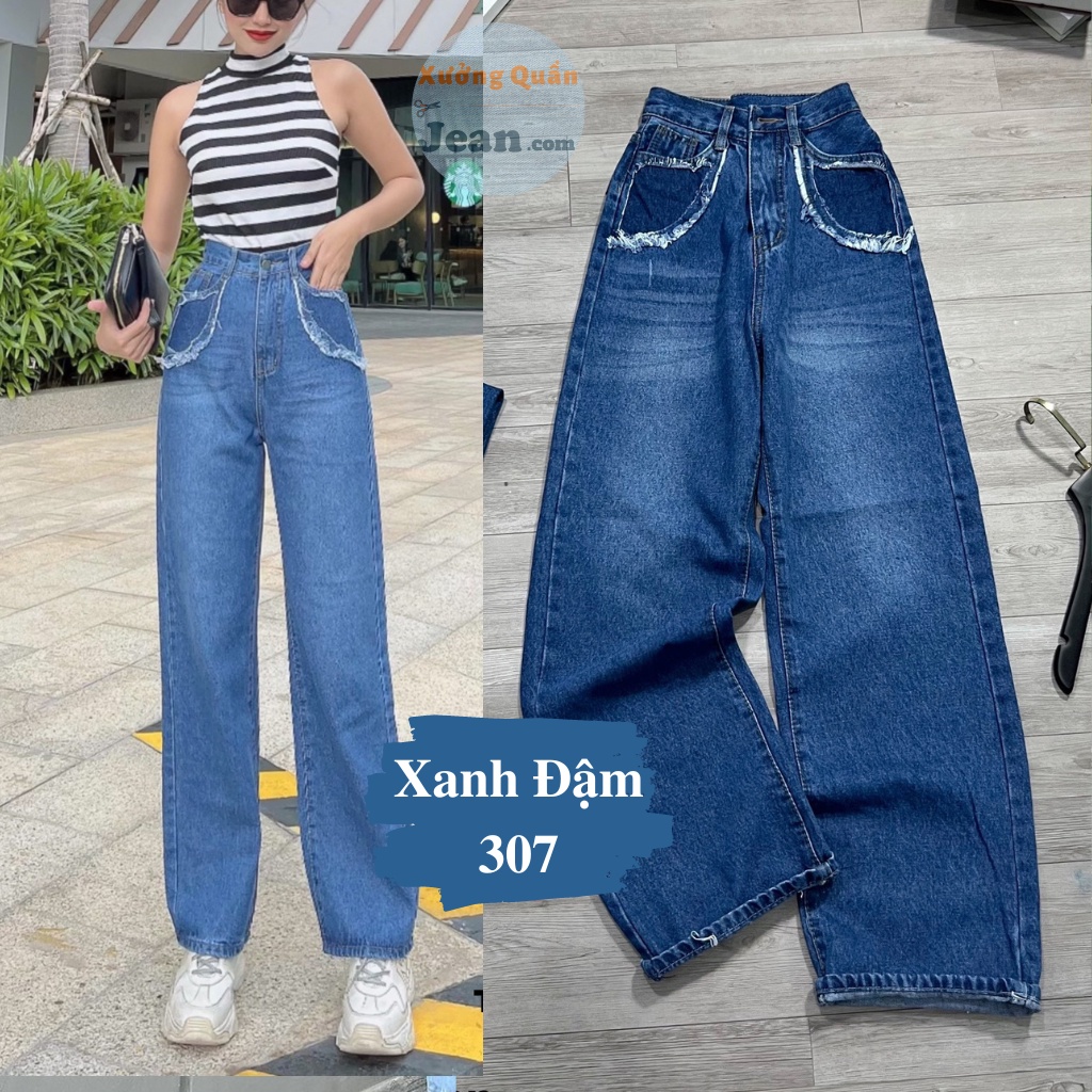 Quần Jeans Nữ Ống Rộng Phối Túi Màu Cá Tính Phong Cách Hàn Quốc - 307