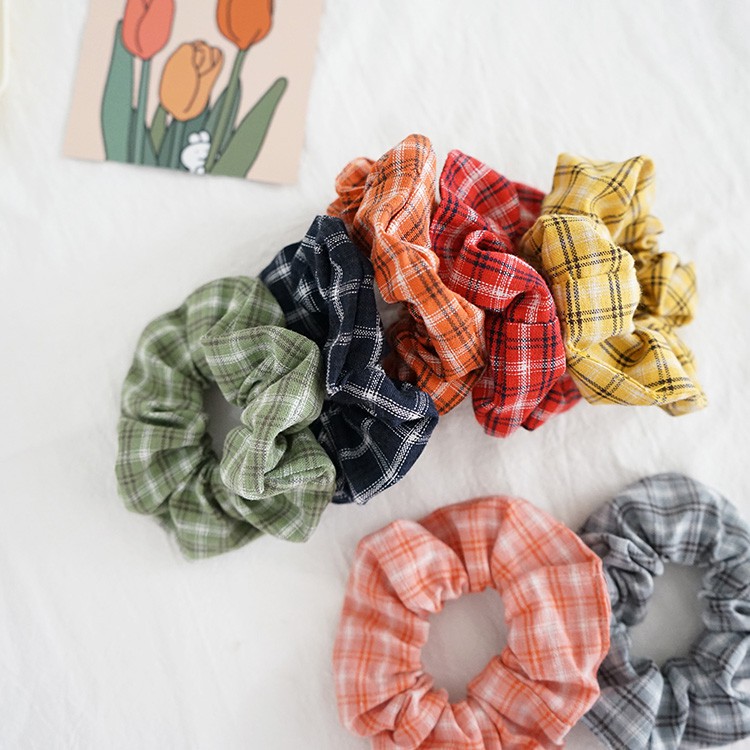 Cột Tóc Scrunchies Tròn Lớn Vải Caro Nhiều Màu