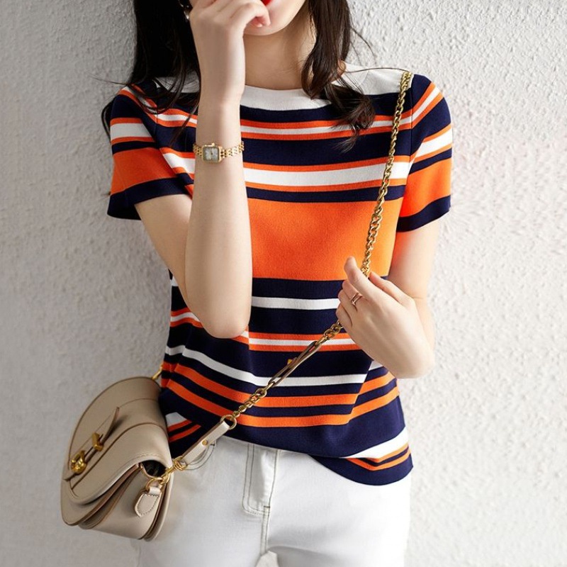 Áo Thun Cotton Lanh Tay Ngắn Cổ Tròn Họa Tiết Kẻ Sọc Màu Sắc Tương Phản Thời Trang Xuân Hè Cho Nữ