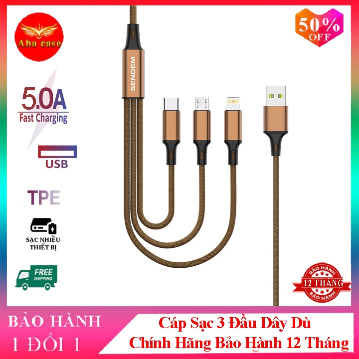 Cáp sạc đa năng 3in1 Sendem M10-dây sạc dù 3 trong 1,chân ,Micro Usb,Type-C,tải nhanh tiện lợi
