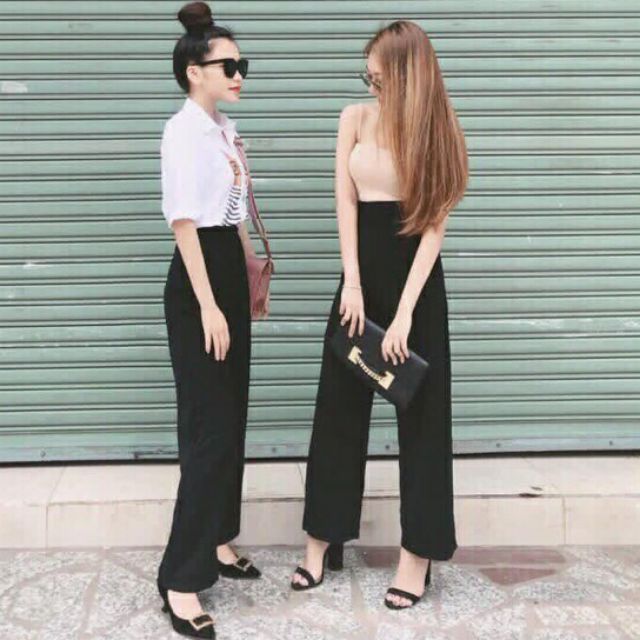 Quần ống loe rộng dáng suông dài Quảng Châu màu đen sang chảnh kèm hình thật