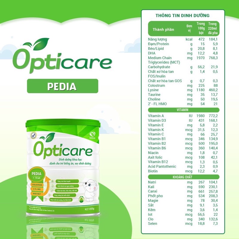 Sữa Opticare đủ số Infant/ Pedia/ GrowIQ 380g, 850g