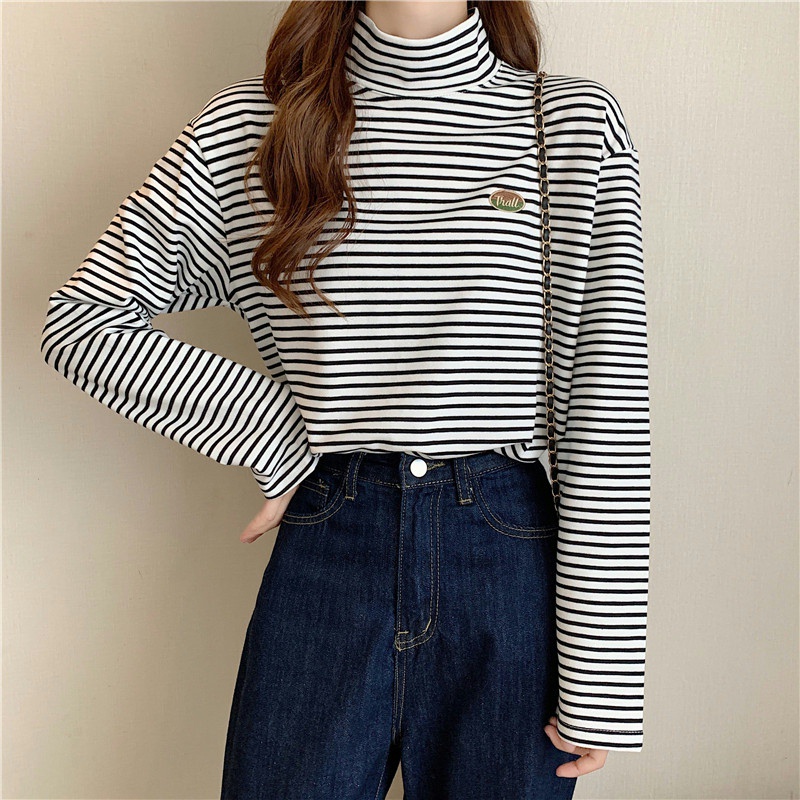 Áo thun tay dài cổ lọ họa tiết sọc ngang thời trang trẻ trung cho nữ
