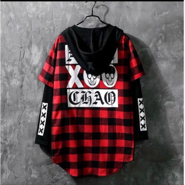 Áo khoác sơ mi caro UNISEX tay dài PHỐI NÓN thời trang phong cách Hàn Quốc
