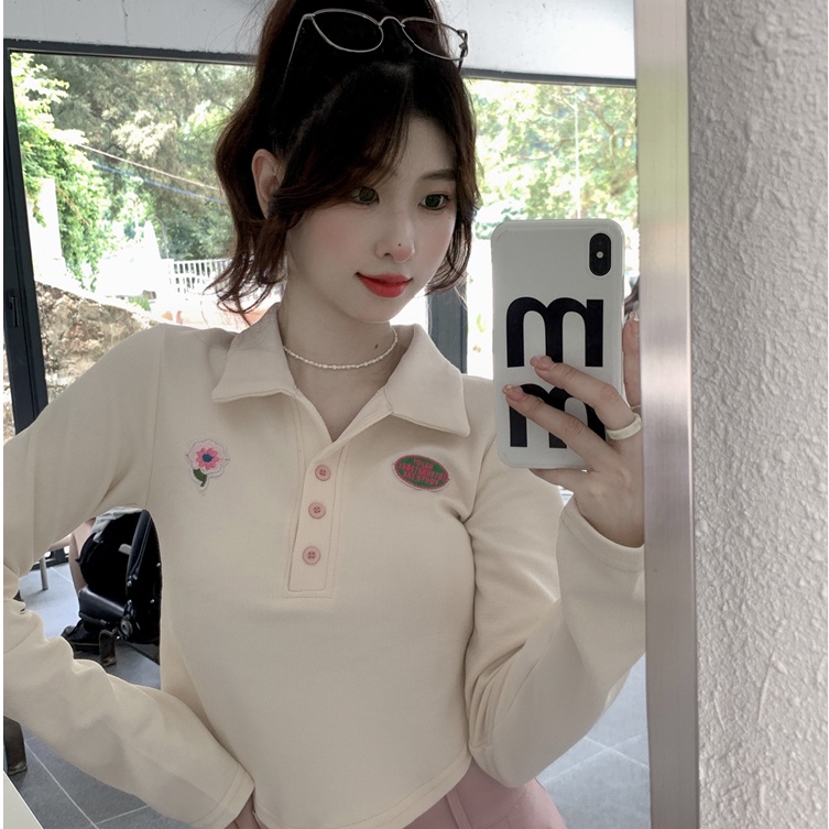 Áo Thun Tay Dài Dáng Ngắn Form Ôm Thêu Họa Tiết Thời Trang Mùa Thu Cho Nữ