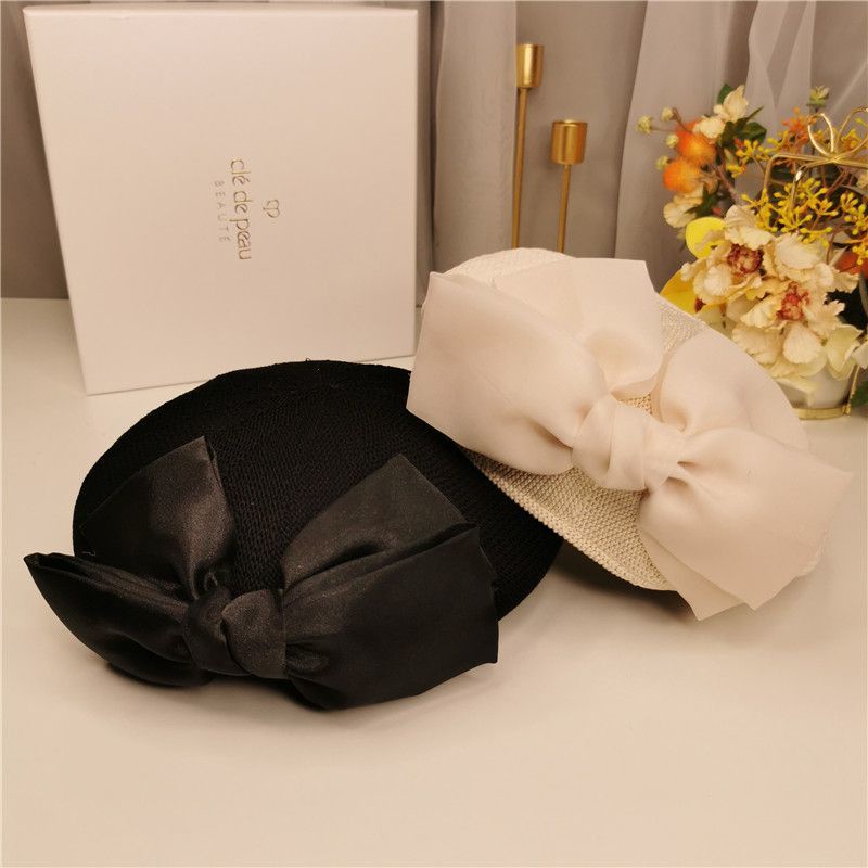 Mũ Beret Phối Lưới Thoáng Khí Đính Nơ Phong Cách Vintage Pháp Thời Trang Mùa Hè Cho Nữ