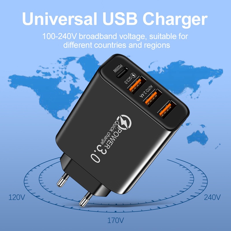 Củ Sạc Nhanh 20W 4 Cổng USB QC3.0 Cho iPhone Và Android