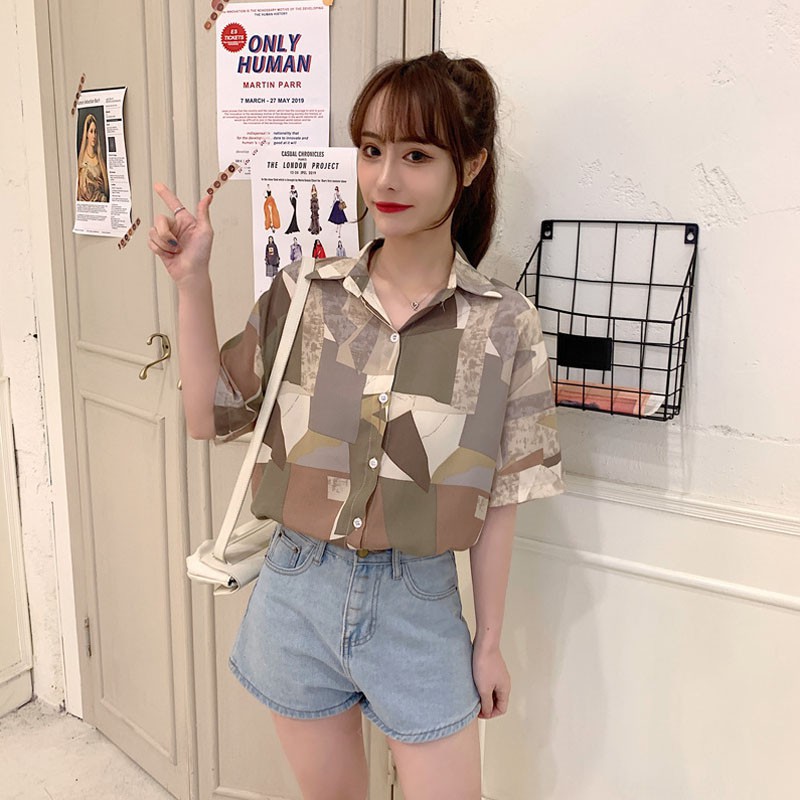 Áo Kiểu Tay Ngắn In Họa Tiết Phong Cách Retro Ngọt Ngào Cho Nữ