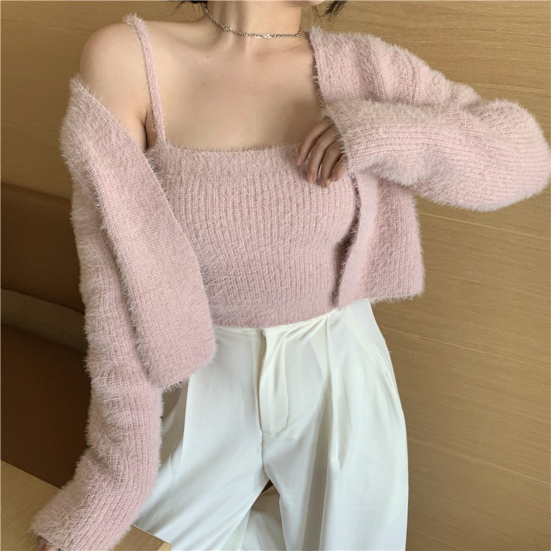 [Có sẵn] Full set Áo len lông thỏ áo khoác len cardigan và áo 2 dây len tiểu thư sang chảnh A174 | BigBuy360 - bigbuy360.vn