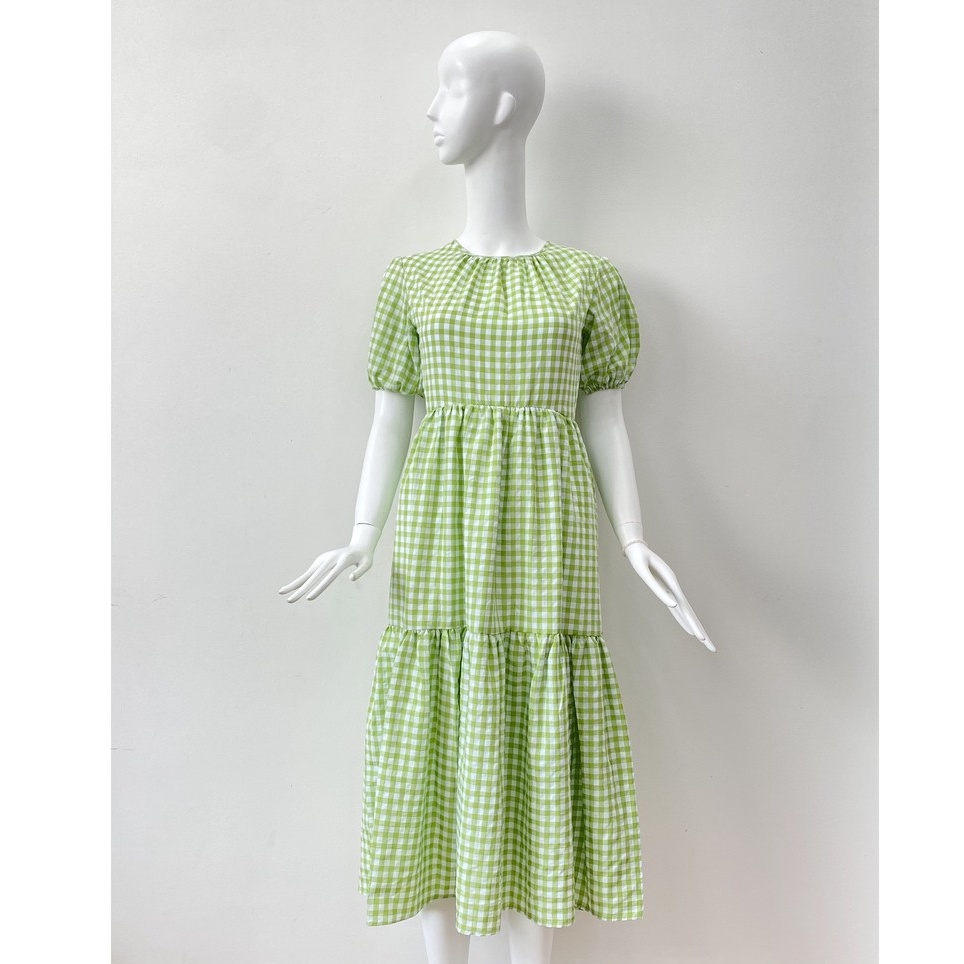 Đầm babydoll HEYBEE họa tiết caro chất liệu cotton (green) siêu xinh - LILIUM GINGHAM DRESS HT656