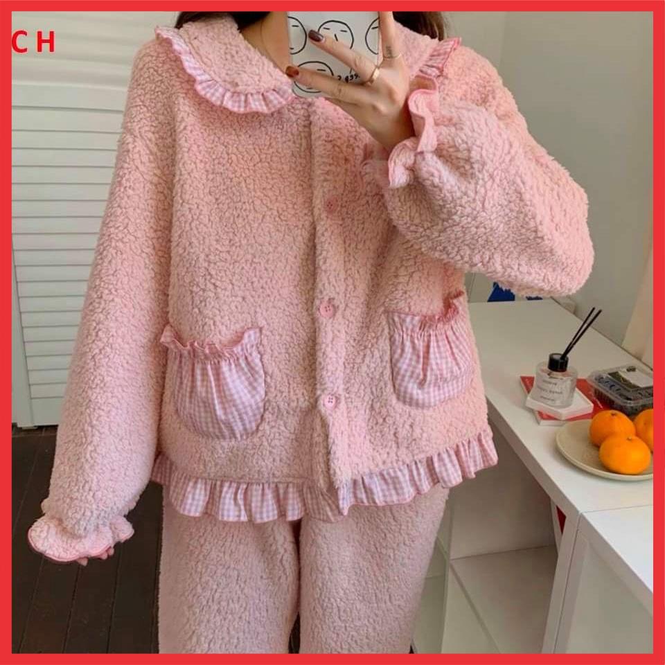 Set bộ đồ mặc nhà lông mềm mịn phối túi mặc nhà, hàng lông mềm mịn 2 mặt phong cách Hàn quốc màu hồng và màu nâu