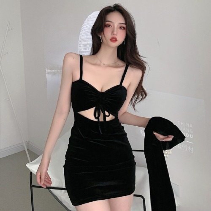 Set váy body hai dây hở bụng dây rút sexy S2991