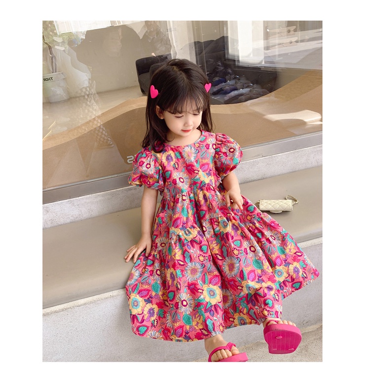 Váy babydoll bé gái họa tiết hoa to tay bồng cực dễ thương