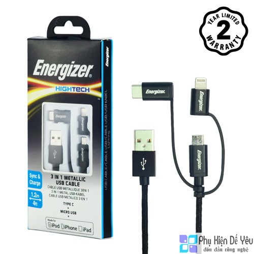 Cáp 3 trong 1 Lightning, Micro USB và USB-C Energizer Metallic C13UBX3CF 1.2m