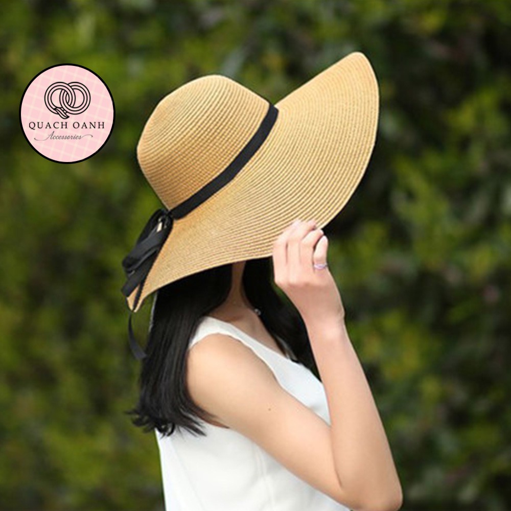 Mũ cói mềm, nón cói đi biển nữ vành rộng dây nơ đen phong cách vintage chống nắng – MU44