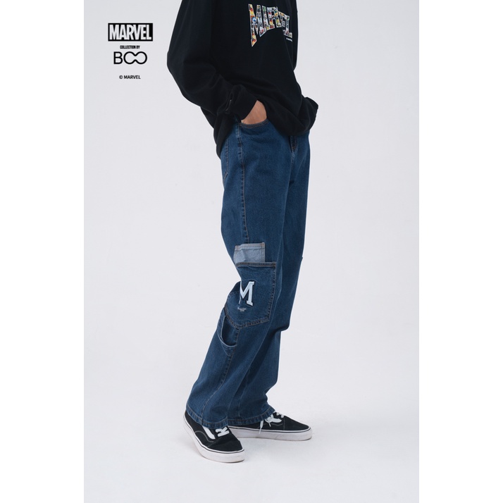 Quần Jeans BOO Dáng Wide Leg Phối Túi Đính Patch Logo Marvel BZL