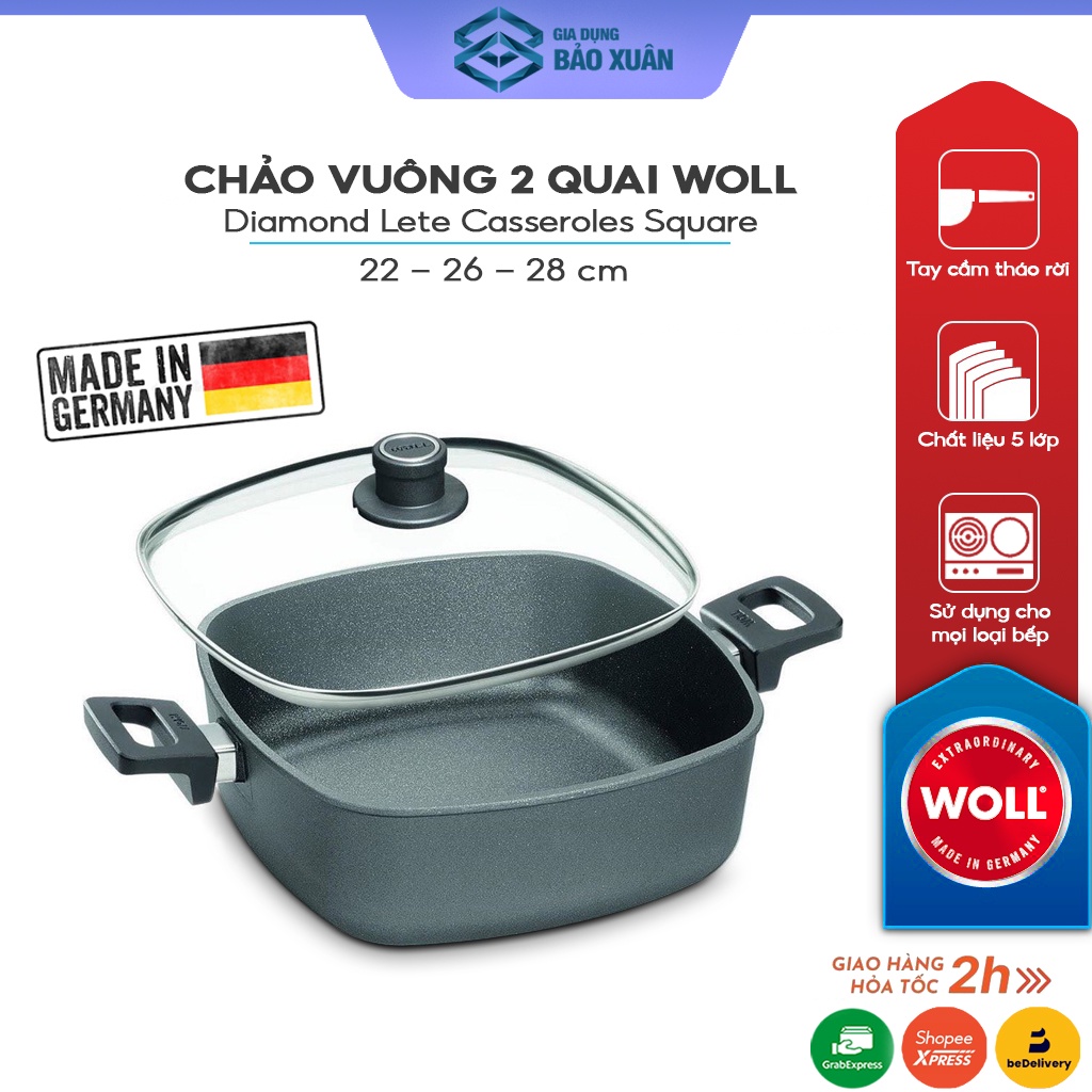 Chảo vuông 2 quai cầm WOLL Diamond Lete Casseroles Công nghệ chống dính kim cương - Made in Germany