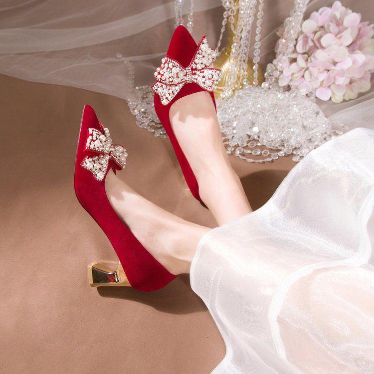 Giày Cao Gót Màu Đỏ Sang Trọng Thời Trang Mùa Đông Hàng Mới Dành Cho Cô Dâu