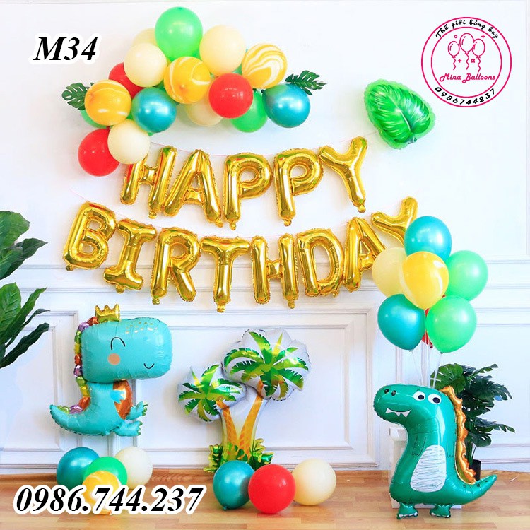 Set bóng trang trí sinh nhật Happy Birthday hình khủng long