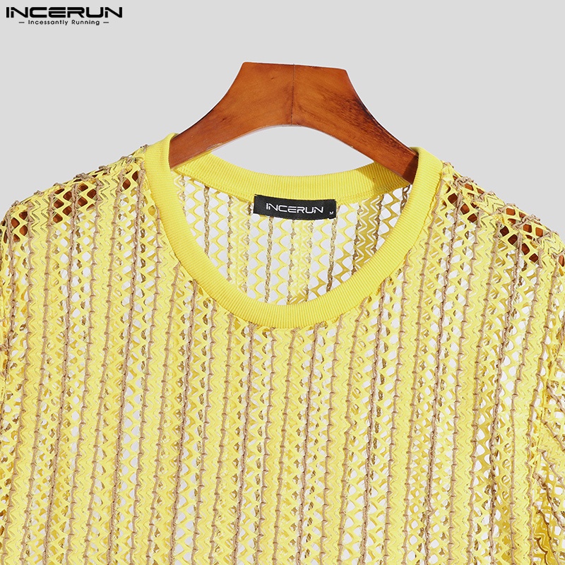 INCERUN Áo Ba Lỗ Trong Suốt Kẻ Sọc Dáng Rộng Phối Tua Rua Phong Cách Retro Dành Cho Nam Giới