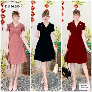 Đầm Nữ NHẬT VY Cổ V Bẻ Lai Có Nút Chiết Eo Chất Nhung Đi Tiệc Màu Hồng, Đen, Đỏ - D1856