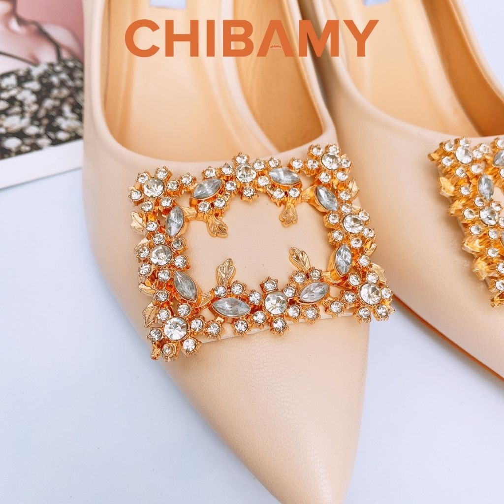 Giày cao gót nữ đính đá 5cm CHIBAMY, gót vuông mũi nhọn chất da mềm mã CG03