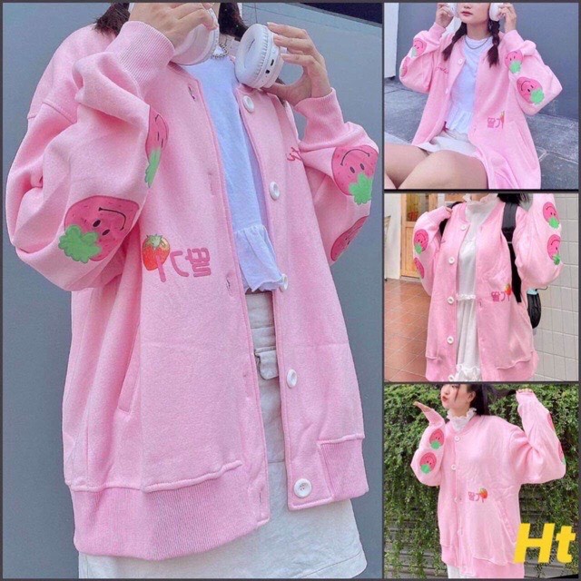 Áo khoác cadigan thun nỉ ngoại phối hình dâu tây cực xinh cực đẹp bánh bèo cute TP [NewUnisex]