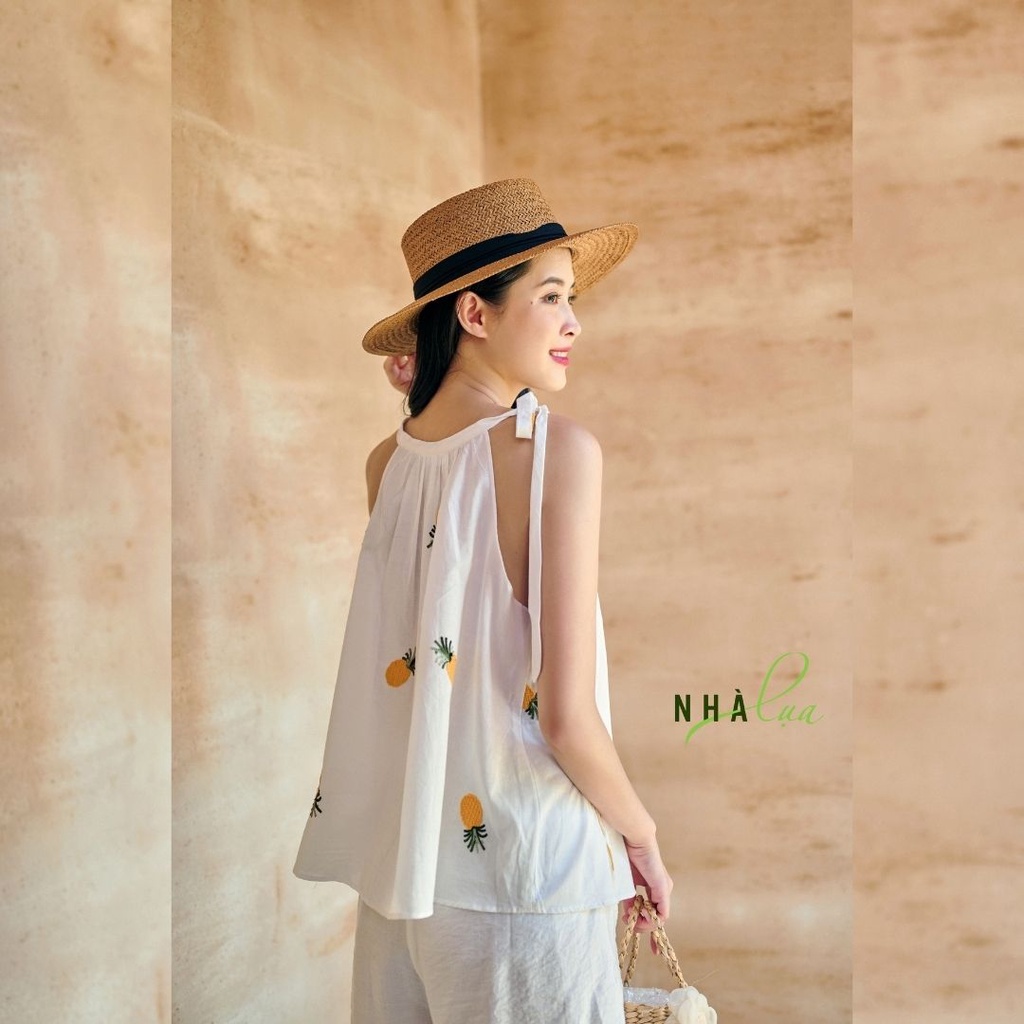 Set bộ yếm nữ Hạ Vy họa tiết quả dứa đi biển quyến rũ - Áo yếm kèm quần đùi tạo điểm nhấn du lịch mùa hè Nhà Lụa SE002
